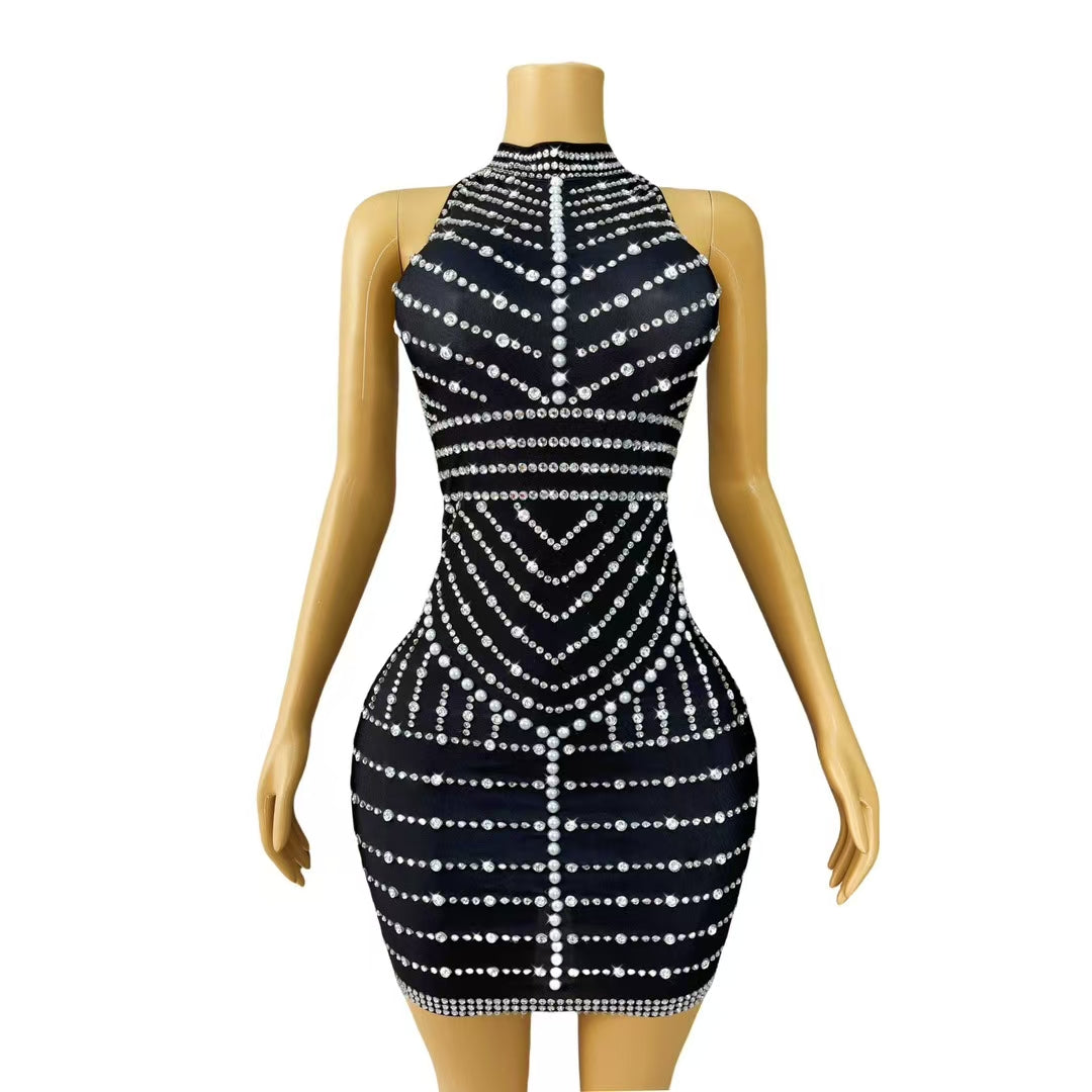 CELESINYI Lianhua Crystal Pearl Axis Mini Dress