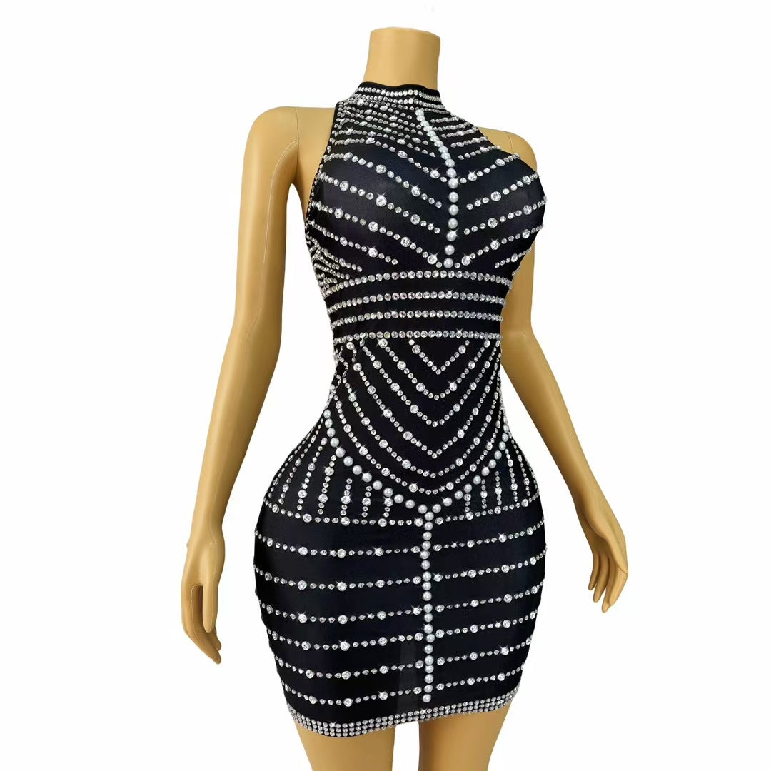 CELESINYI Lianhua Crystal Pearl Axis Mini Dress
