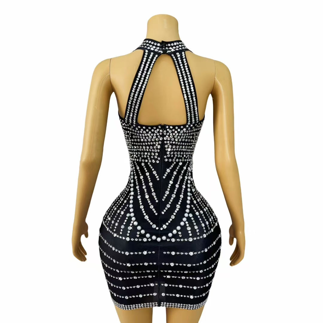 CELESINYI Lianhua Crystal Pearl Axis Mini Dress