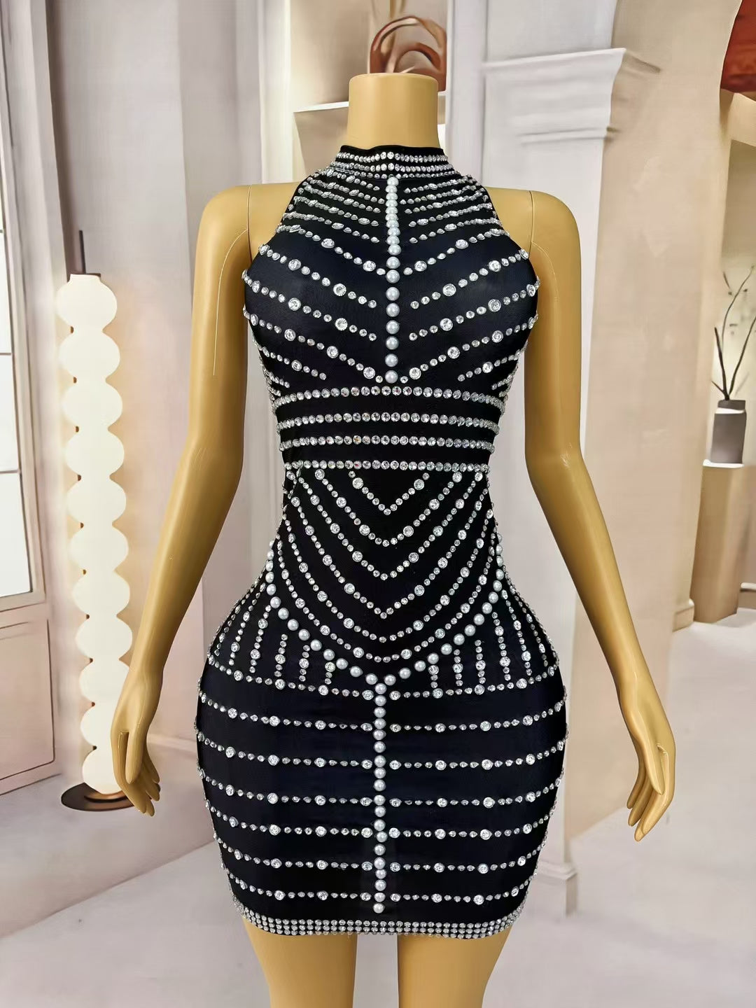 CELESINYI Lianhua Crystal Pearl Axis Mini Dress