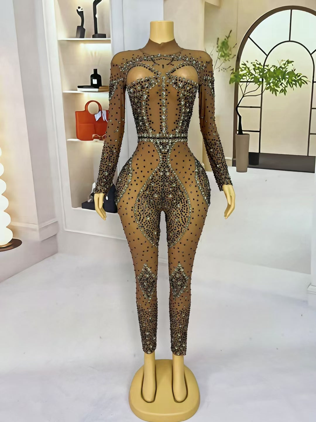 CELESINYI Moyu Crystal Nude Stud Catsuit