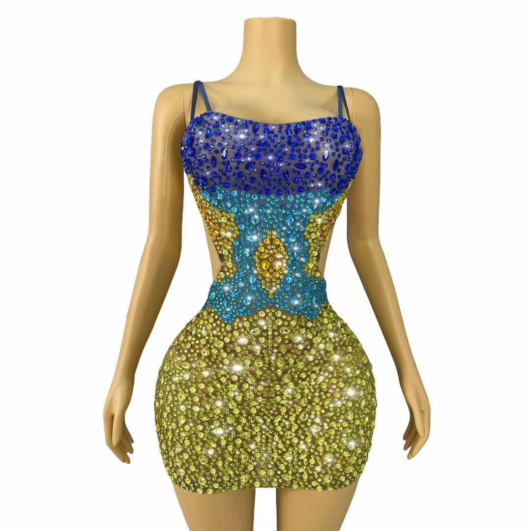 CELESINYI Qicaiboluo Crystal Color Block Naked Mini Dress
