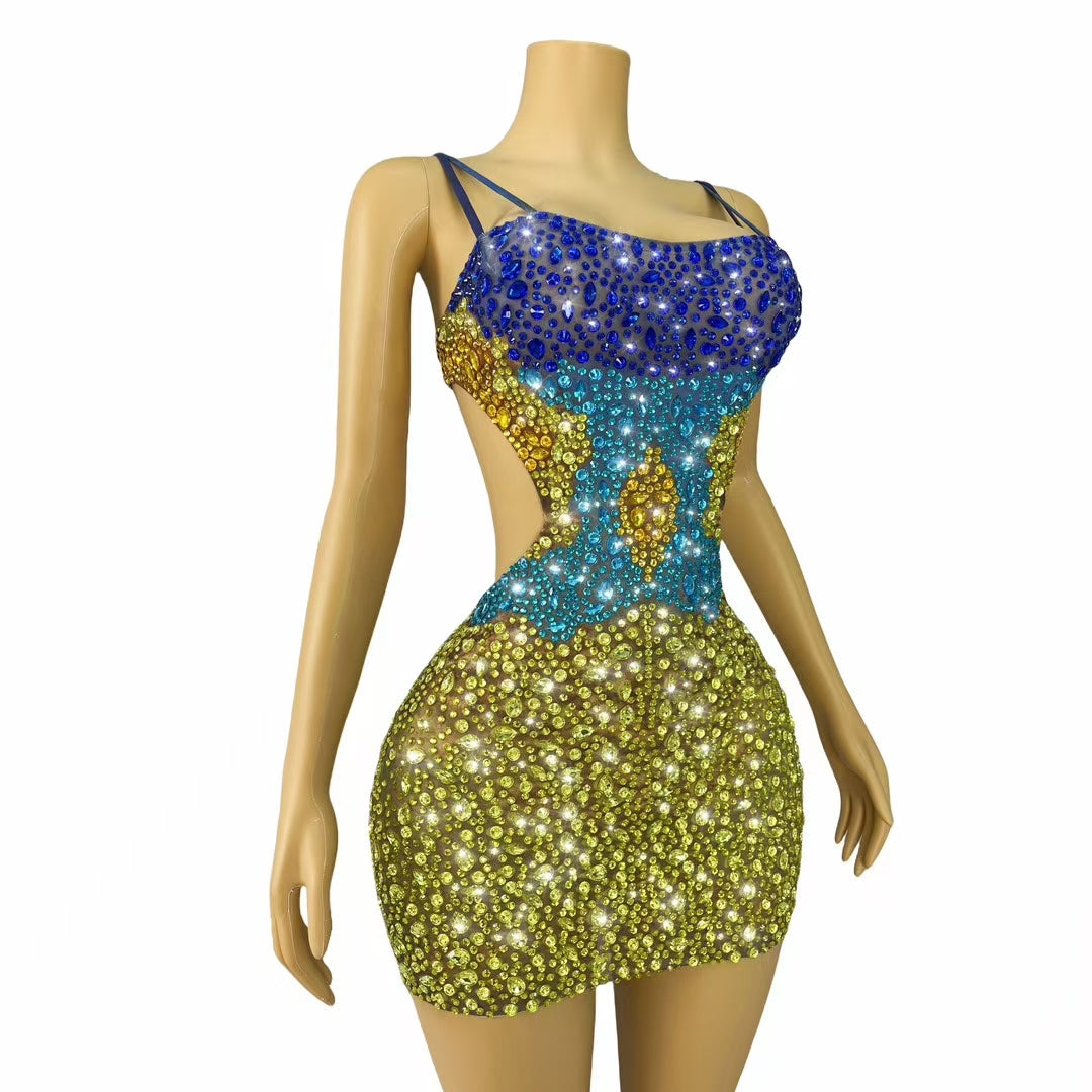 CELESINYI Qicaiboluo Crystal Color Block Naked Mini Dress
