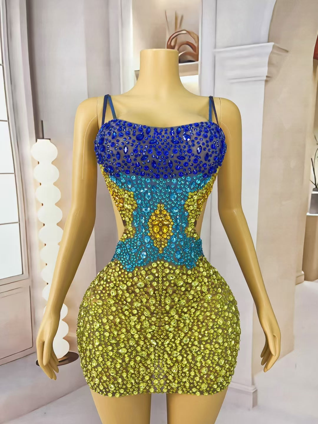 CELESINYI Qicaiboluo Crystal Color Block Naked Mini Dress
