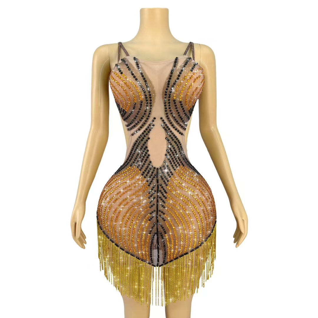 CELESINYI Mojia Crystal Orange Black Halter Bodysuit