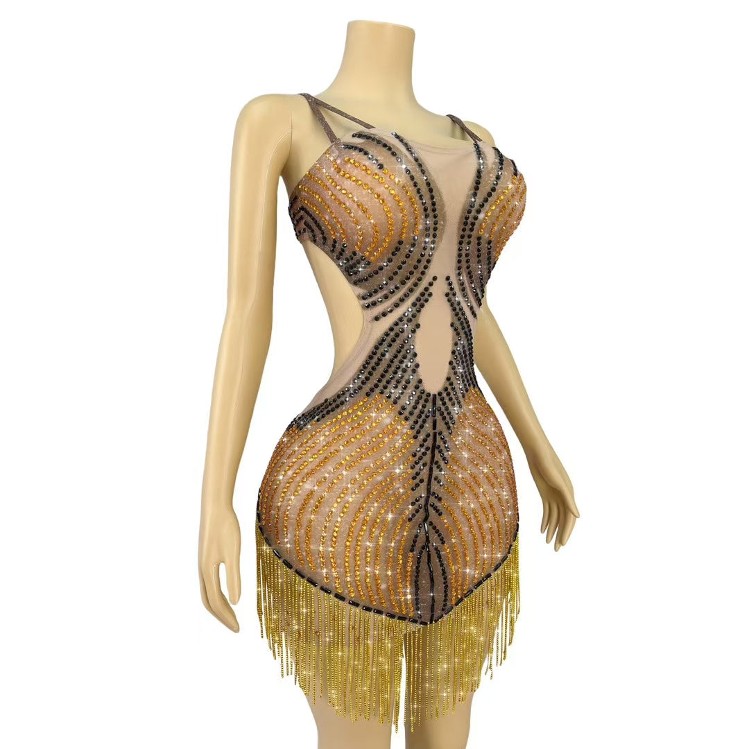 CELESINYI Mojia Crystal Orange Black Halter Bodysuit