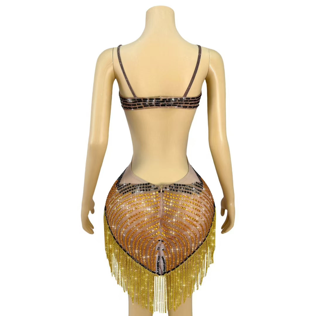 CELESINYI Mojia Crystal Orange Black Halter Bodysuit