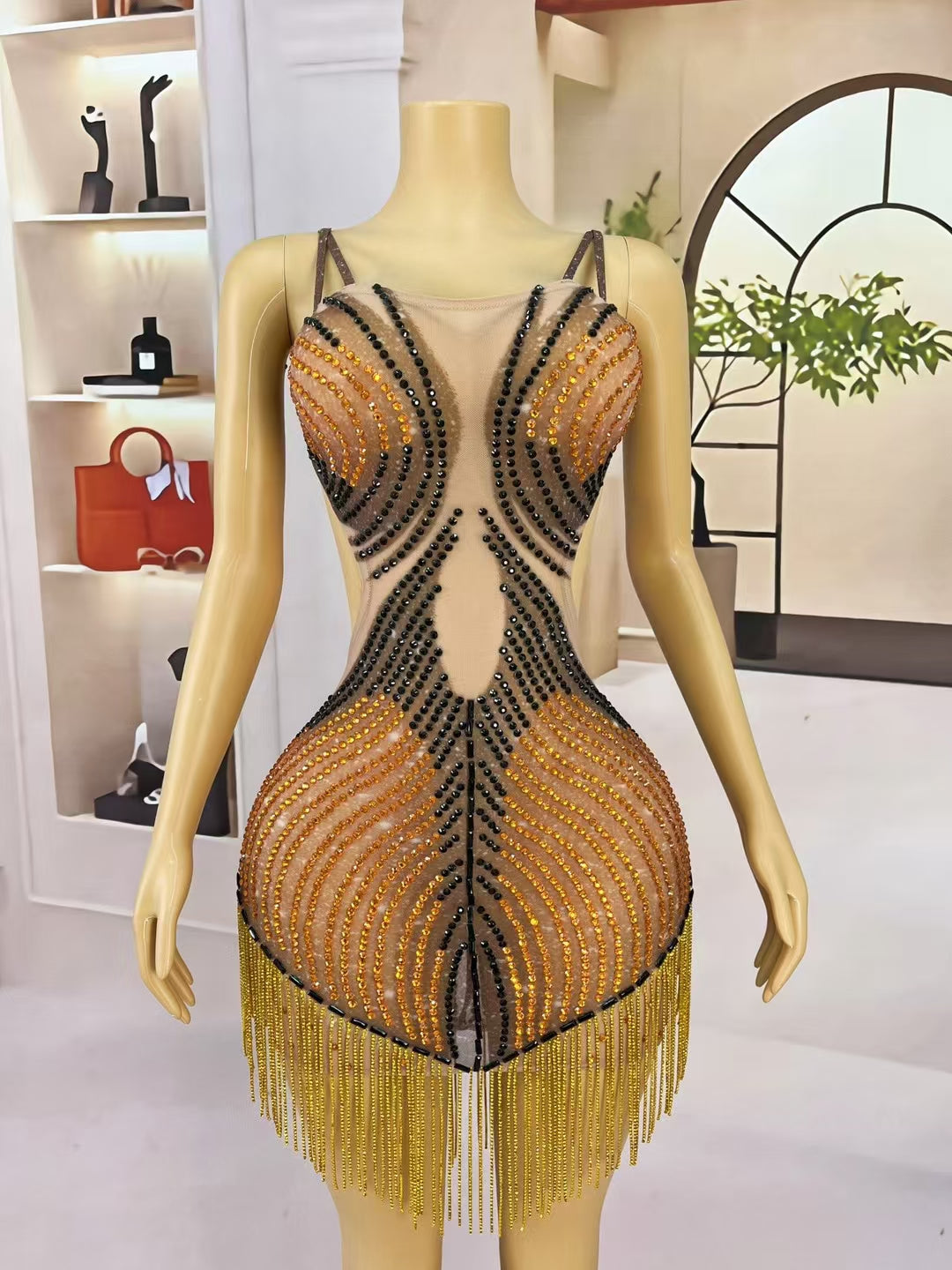 CELESINYI Mojia Crystal Orange Black Halter Bodysuit