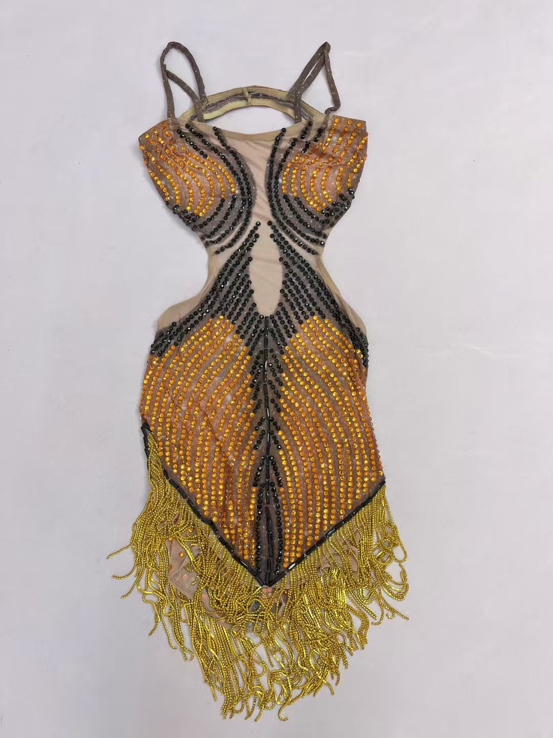 CELESINYI Mojia Crystal Orange Black Halter Bodysuit