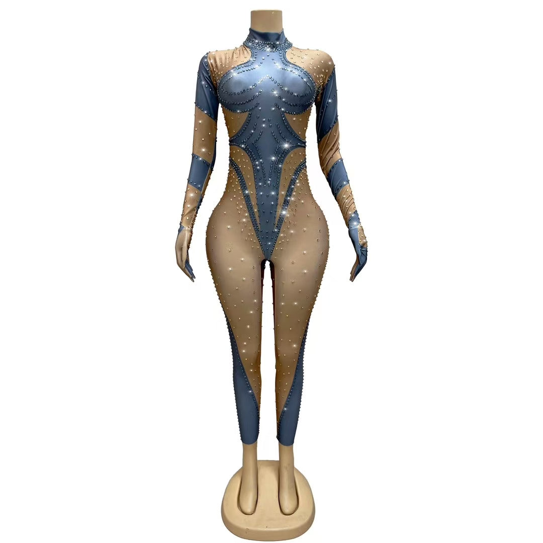 CELESINYI Dudou Crystal Two-Tone Glove Jumpsuit