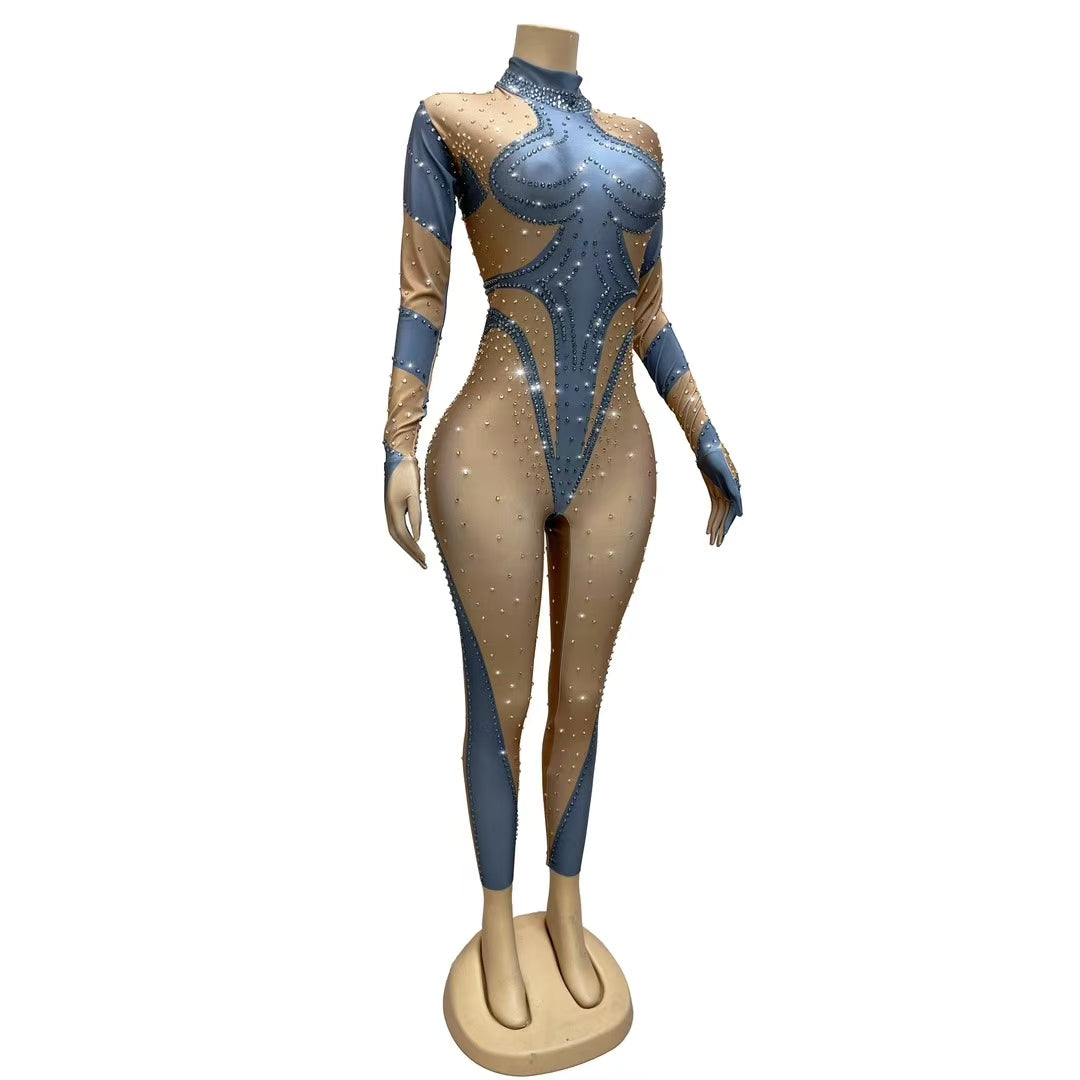 CELESINYI Dudou Crystal Two-Tone Glove Jumpsuit