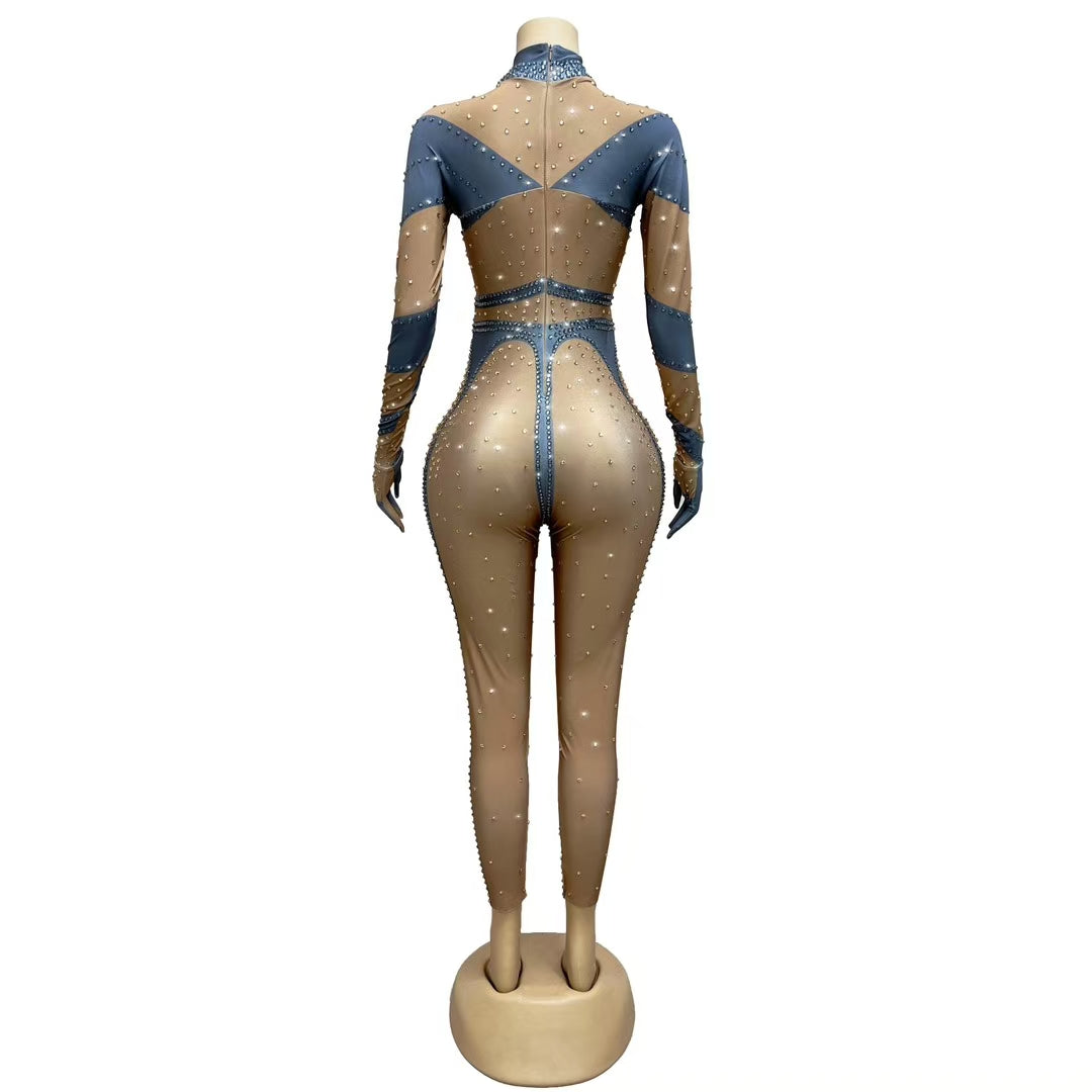 CELESINYI Dudou Crystal Two-Tone Glove Jumpsuit
