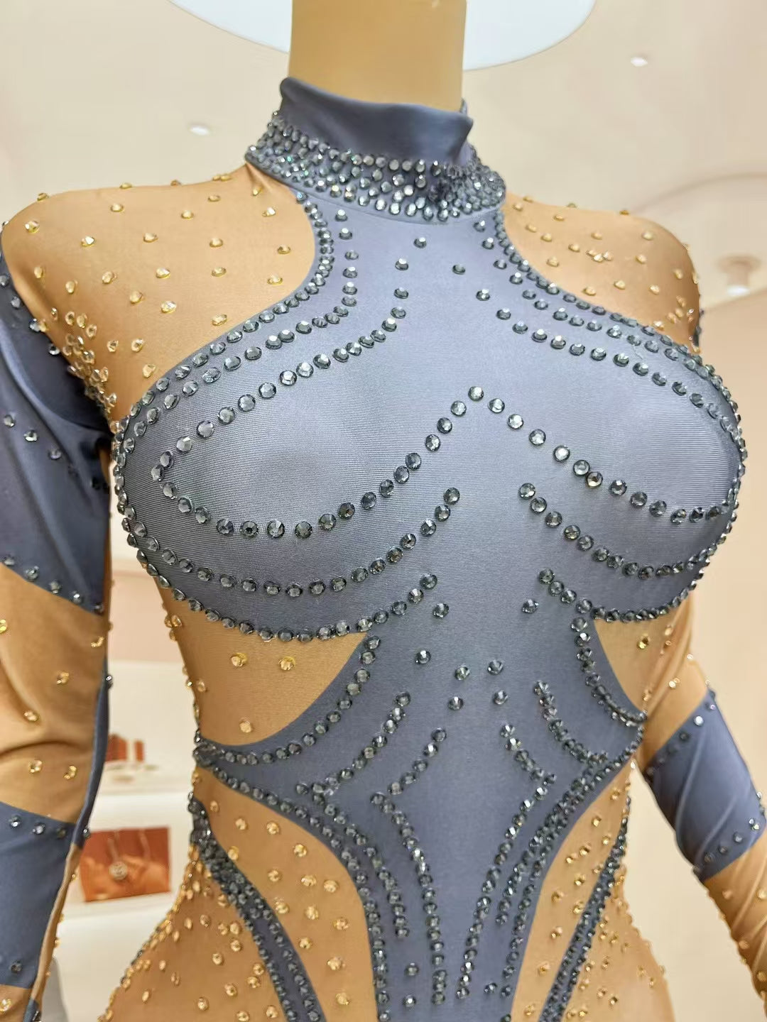 CELESINYI Dudou Crystal Two-Tone Glove Jumpsuit