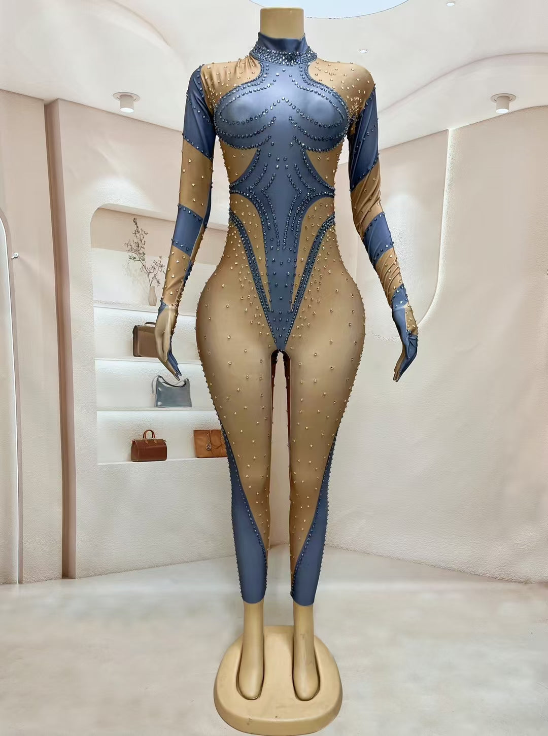 CELESINYI Dudou Crystal Two-Tone Glove Jumpsuit