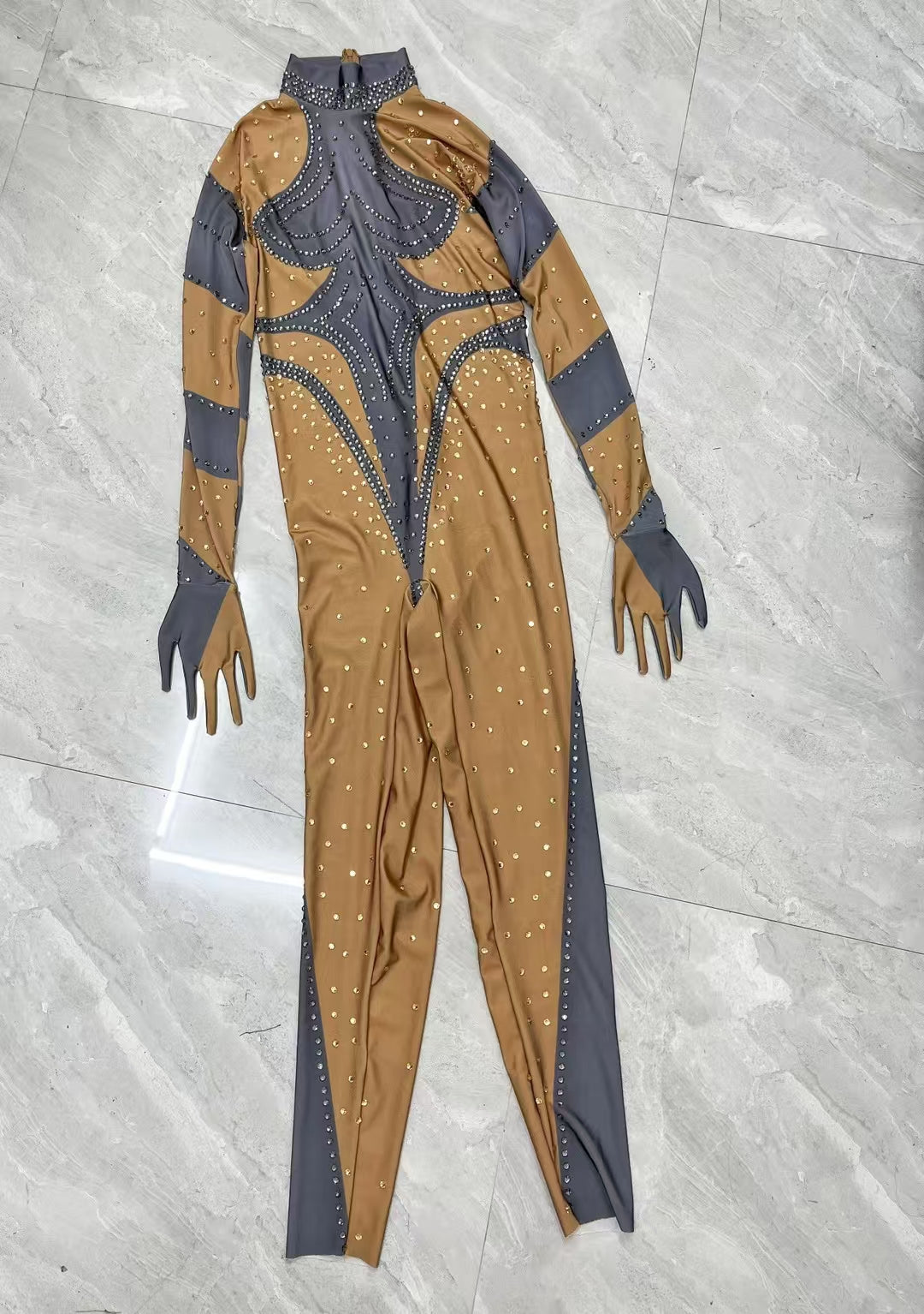 CELESINYI Dudou Crystal Two-Tone Glove Jumpsuit