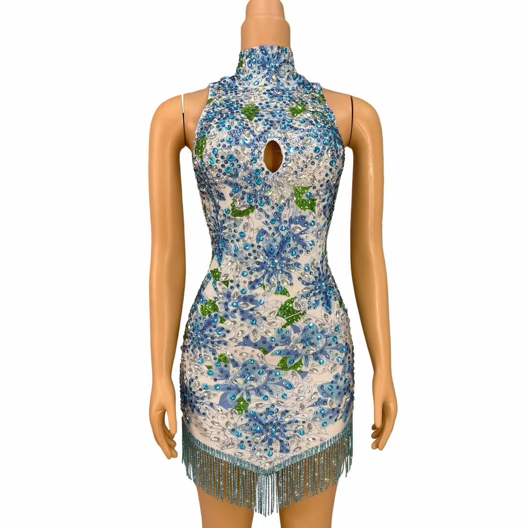 CELESINYI Lancaihe Crystal Floral Fringe Bodysuit