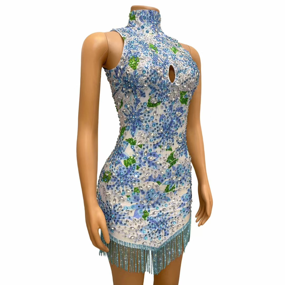 CELESINYI Lancaihe Crystal Floral Fringe Bodysuit