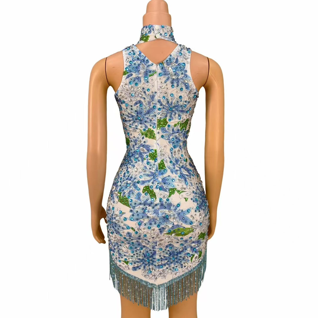 CELESINYI Lancaihe Crystal Floral Fringe Bodysuit