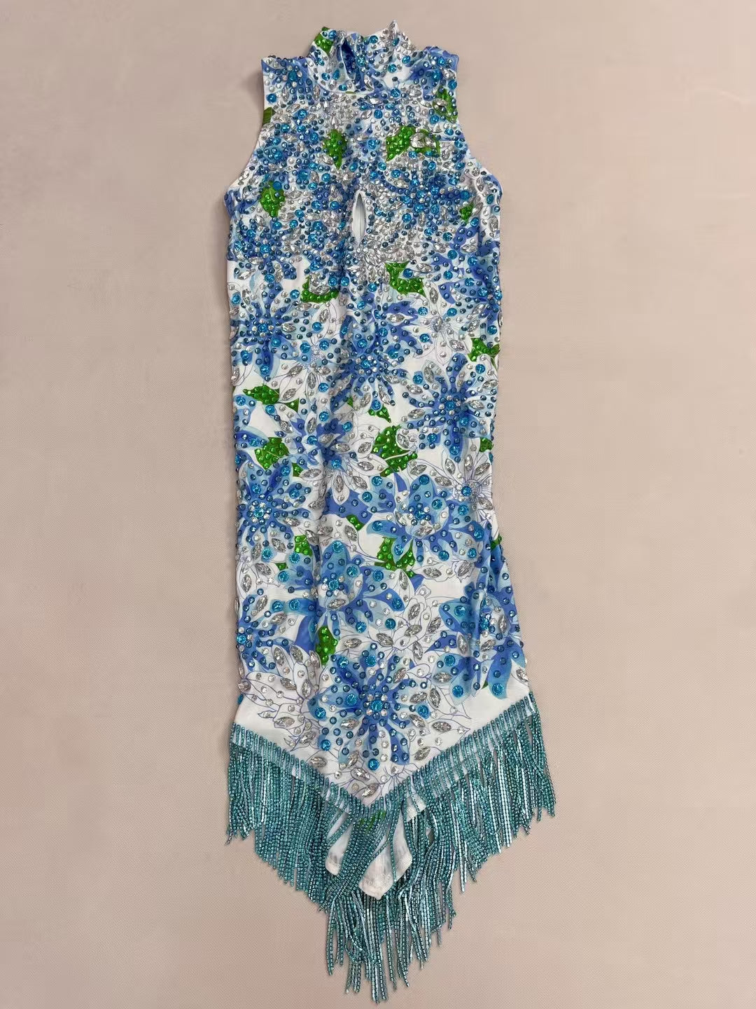 CELESINYI Lancaihe Crystal Floral Fringe Bodysuit