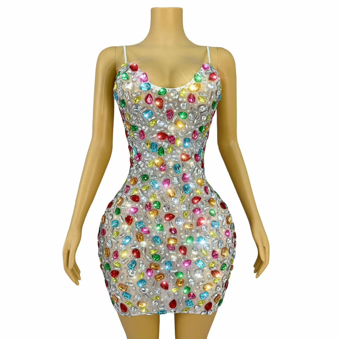 CELESINYI Caixing Crystal Jewel Mosaic Mini Dress