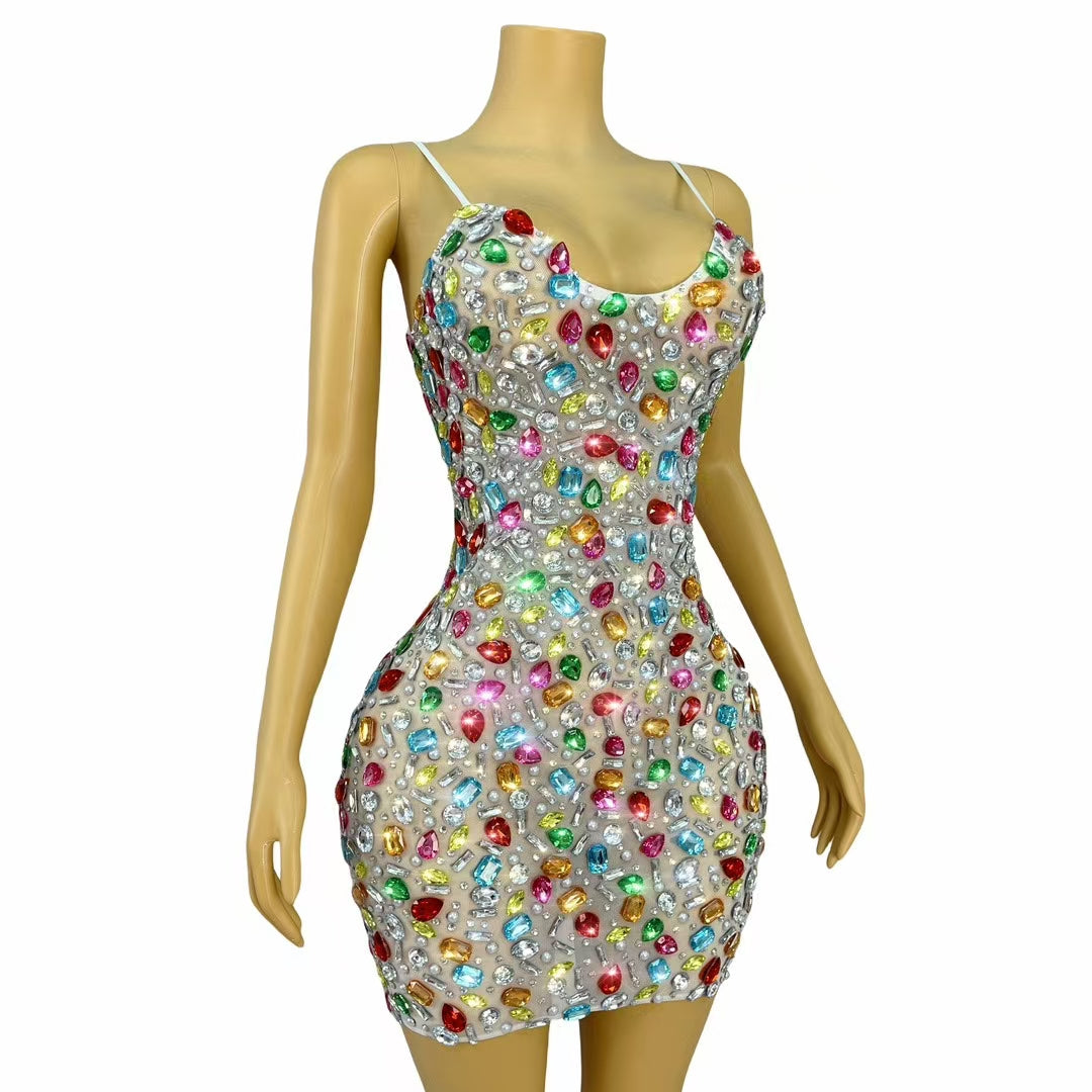CELESINYI Caixing Crystal Jewel Mosaic Mini Dress