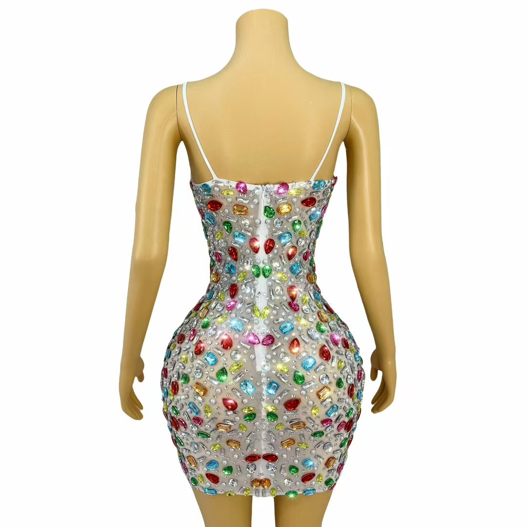 CELESINYI Caixing Crystal Jewel Mosaic Mini Dress