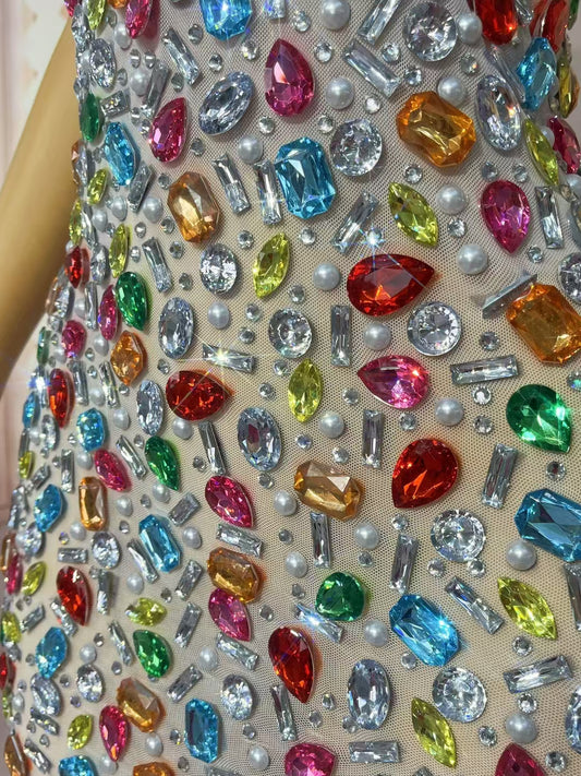 CELESINYI Caixing Crystal Jewel Mosaic Mini Dress