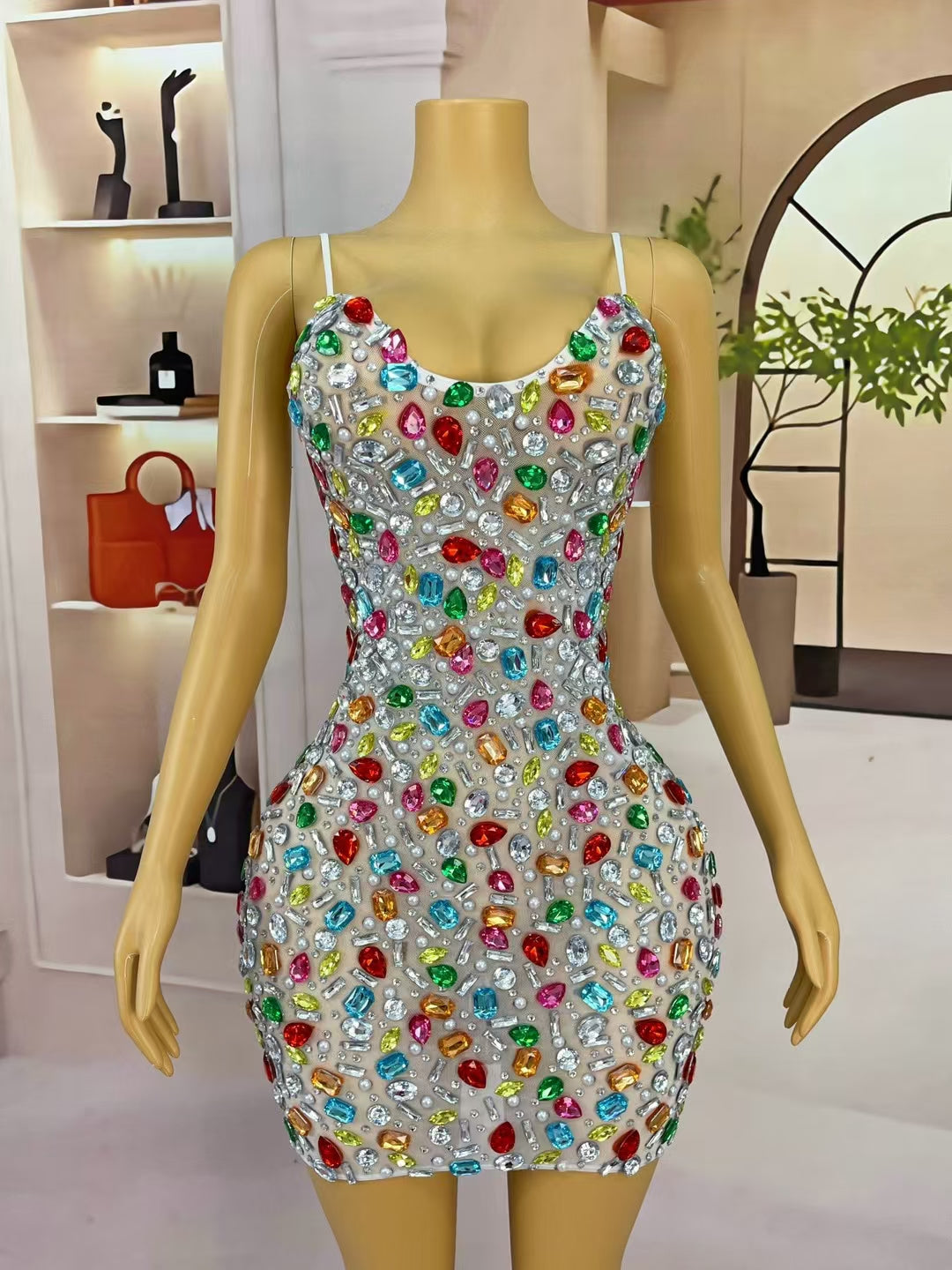 CELESINYI Caixing Crystal Jewel Mosaic Mini Dress