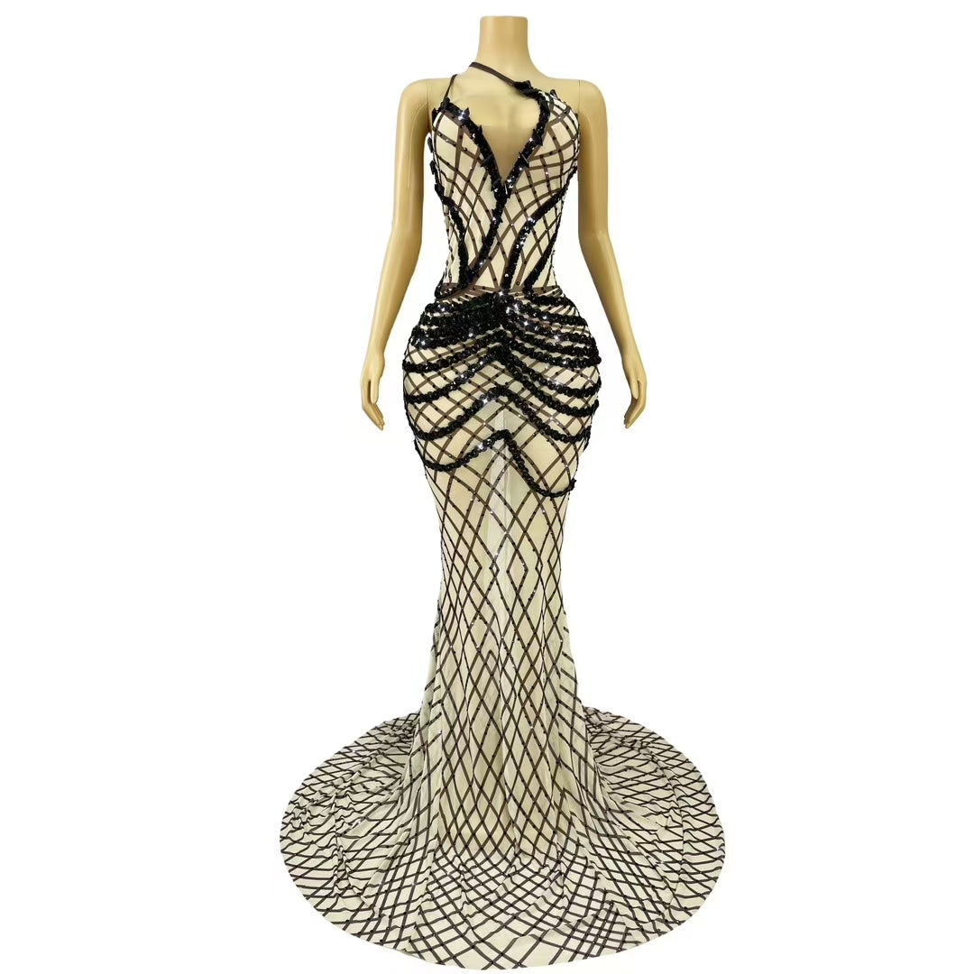 CELESINYI Kunsuo Crystal Black Grid Mermaid Gown