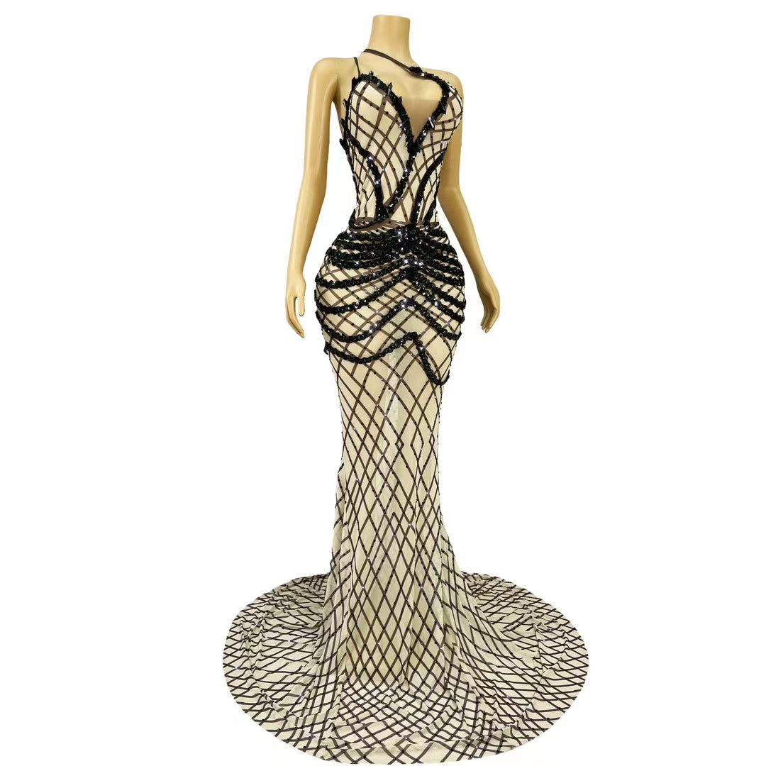 CELESINYI Kunsuo Crystal Black Grid Mermaid Gown