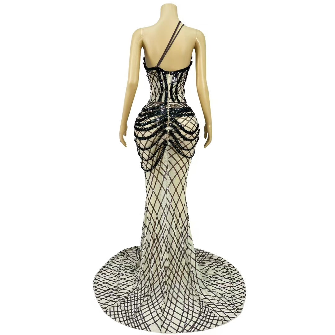 CELESINYI Kunsuo Crystal Black Grid Mermaid Gown
