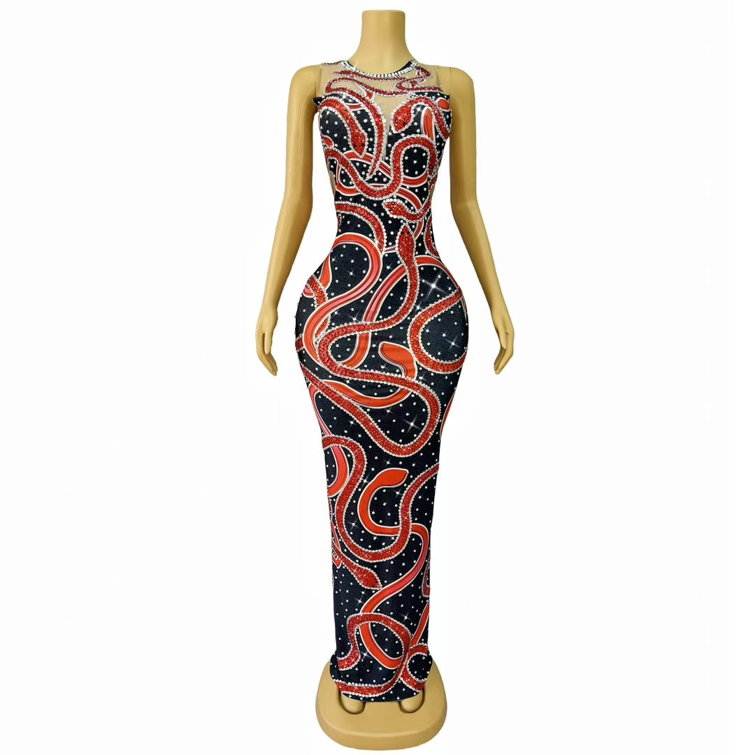 CELESINYI Hongshe Crystal Serpent Dance Gown
