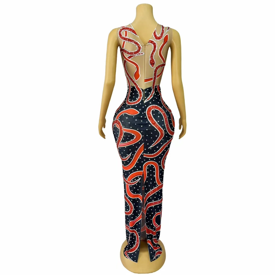 CELESINYI Hongshe Crystal Serpent Dance Gown