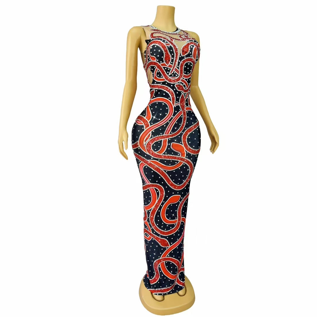 CELESINYI Hongshe Crystal Serpent Dance Gown