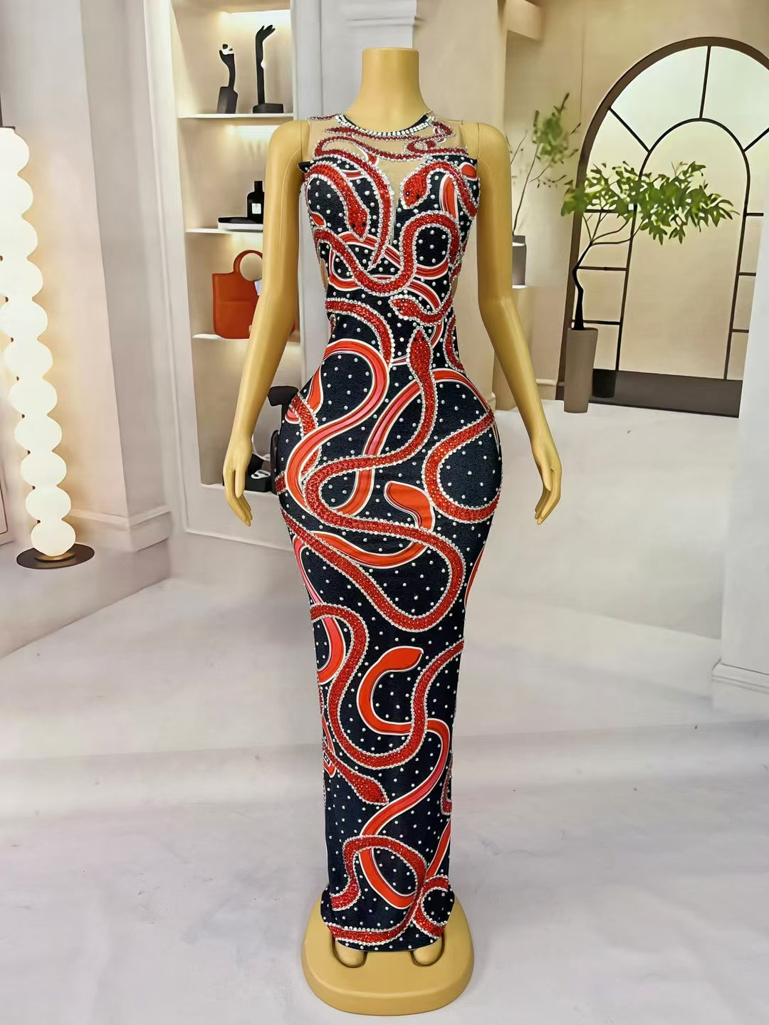 CELESINYI Hongshe Crystal Serpent Dance Gown