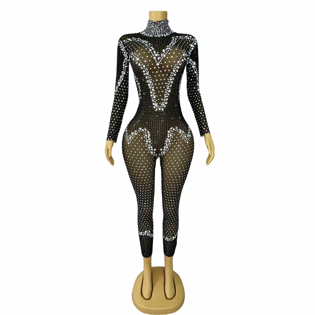 CELESINYI Bandian Crystal Black Full Stone Catsuit