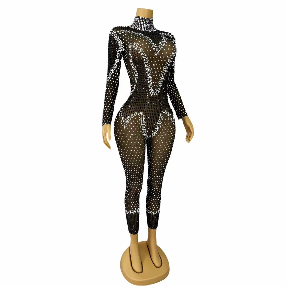 CELESINYI Bandian Crystal Black Full Stone Catsuit