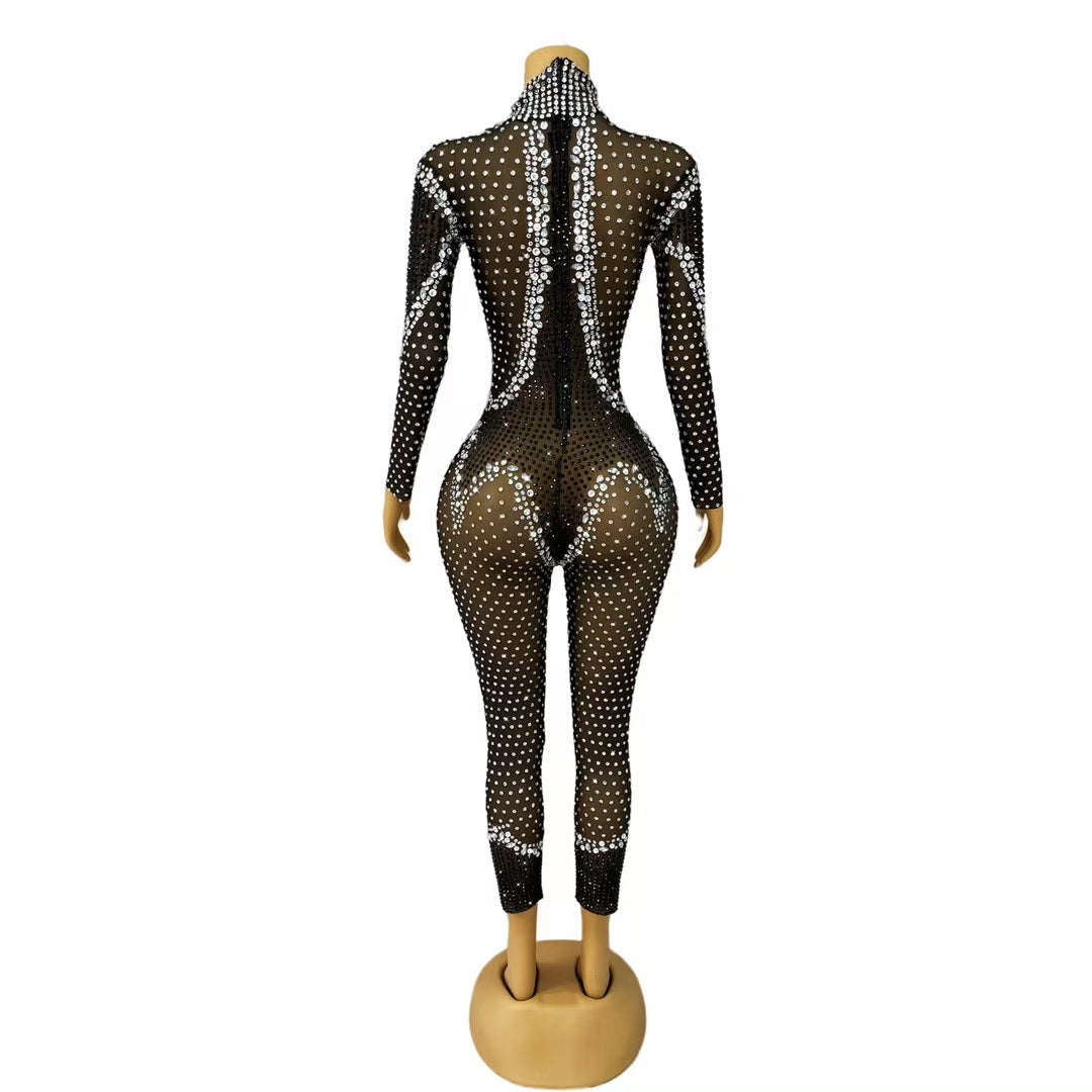 CELESINYI Bandian Crystal Black Full Stone Catsuit