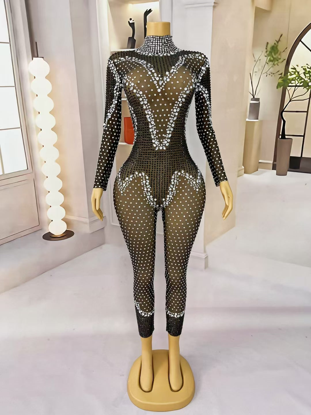 CELESINYI Bandian Crystal Black Full Stone Catsuit