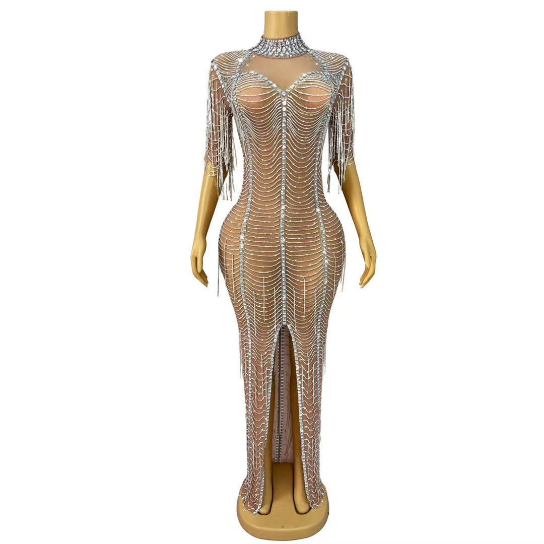 CELESINYI Yinmantang Crystal Silver Stream Fringe Gown