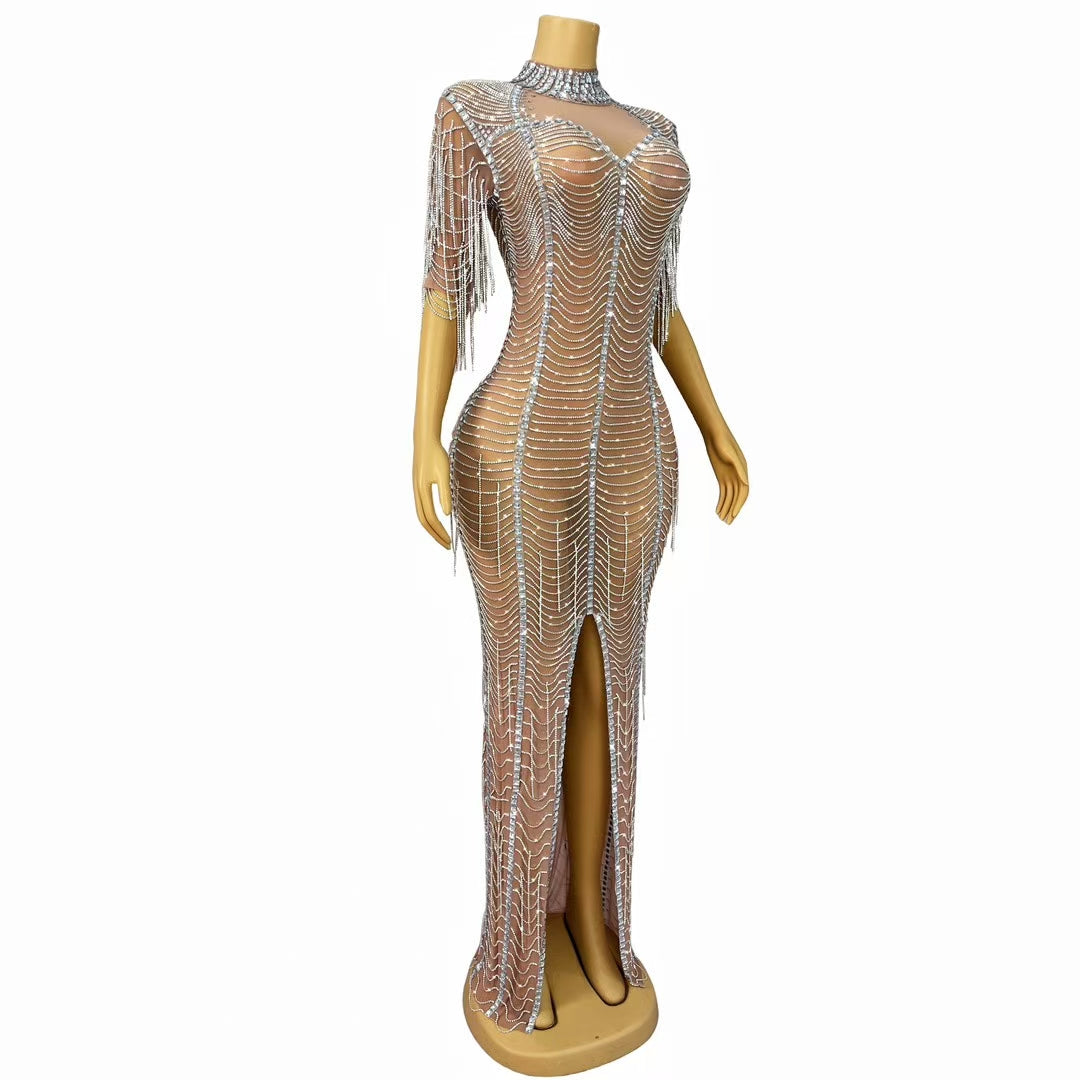 CELESINYI Yinmantang Crystal Silver Stream Fringe Gown