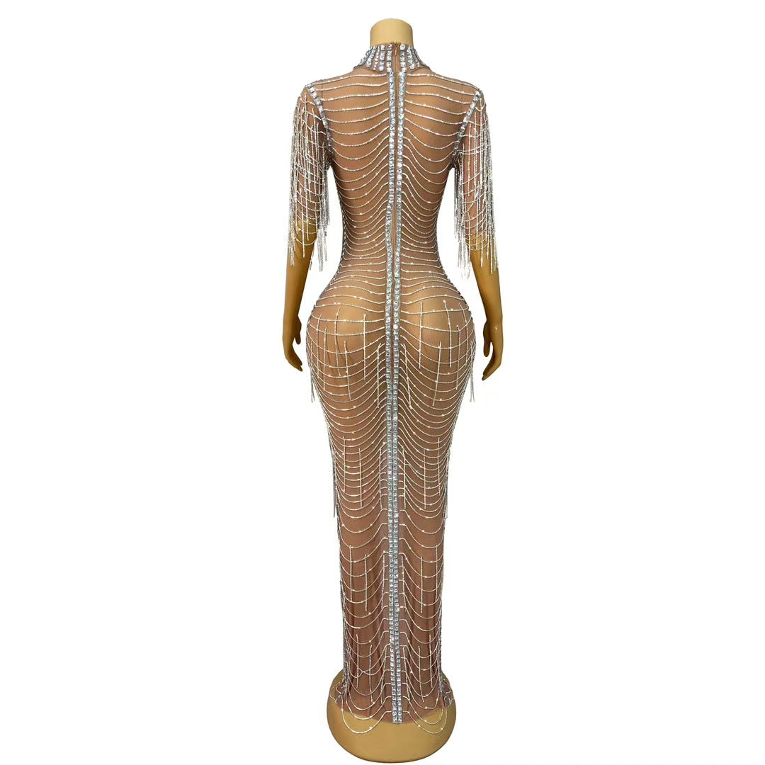 CELESINYI Yinmantang Crystal Silver Stream Fringe Gown