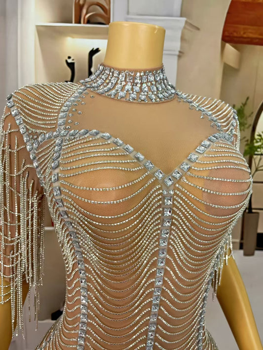 CELESINYI Yinmantang Crystal Silver Stream Fringe Gown