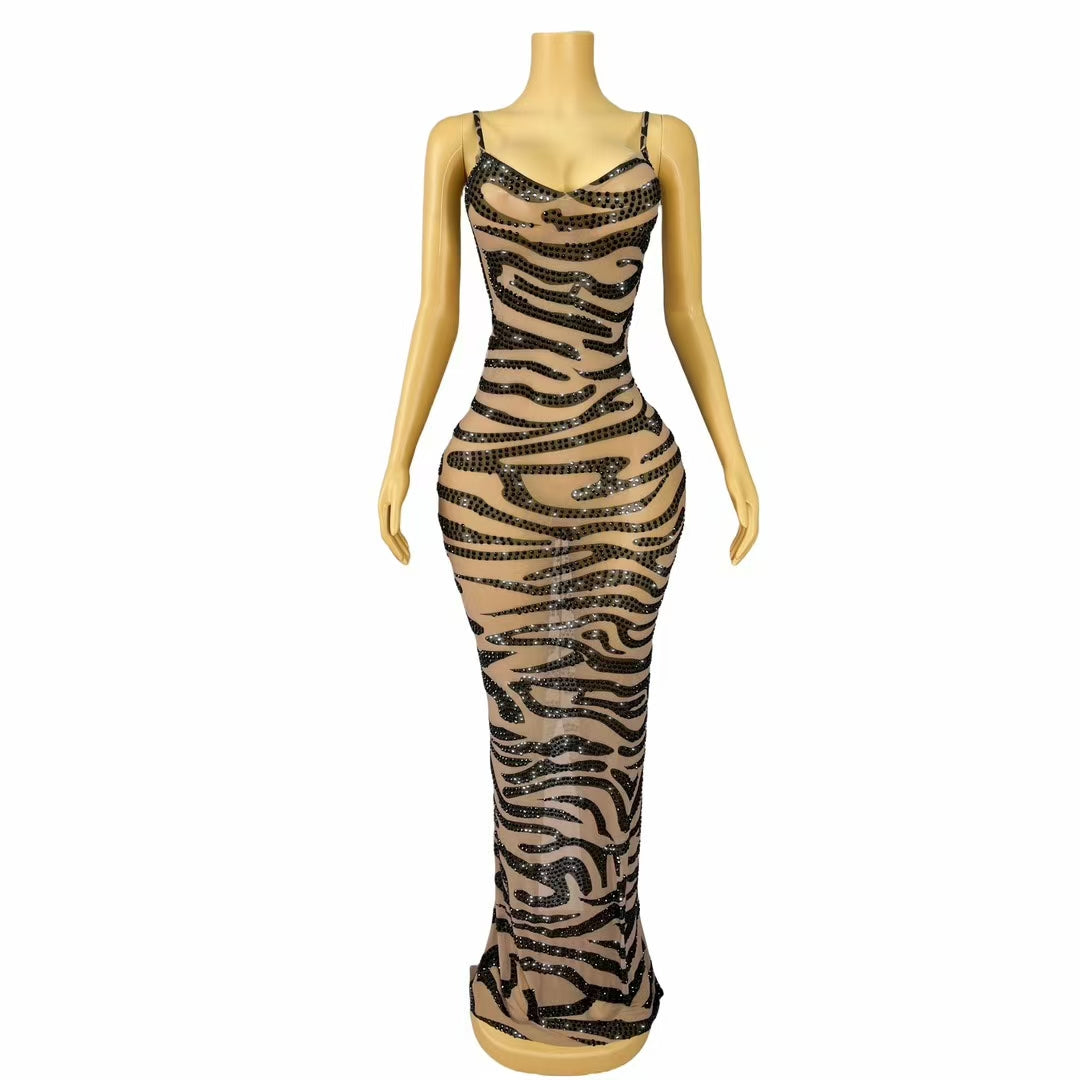 CELESINYI Modeng Crystal Zebra Leopard Gown