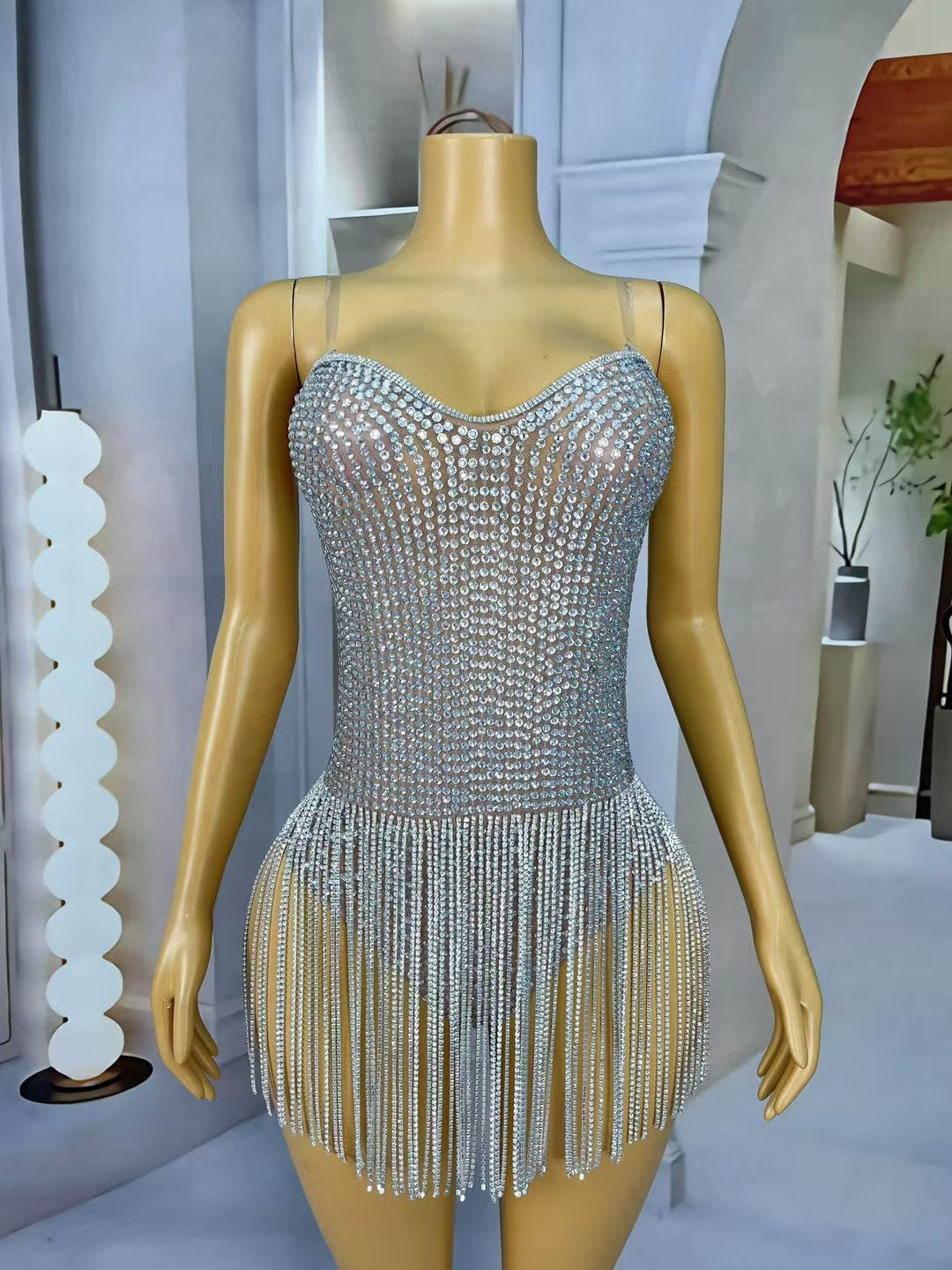 CELESINYI Manxing Crystal Sweetheart Full Stone Mini Dress