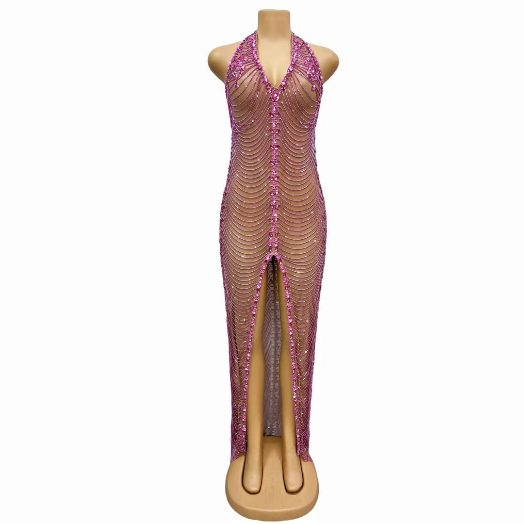 CELESINYI Meihong Crystal Fuchsia Halter Bodysuit