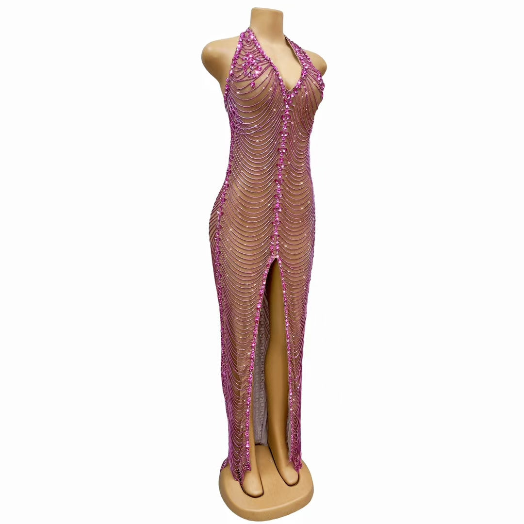 CELESINYI Meihong Crystal Fuchsia Halter Bodysuit