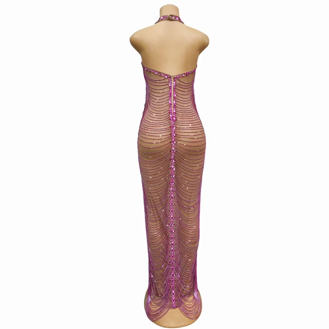 CELESINYI Meihong Crystal Fuchsia Halter Bodysuit