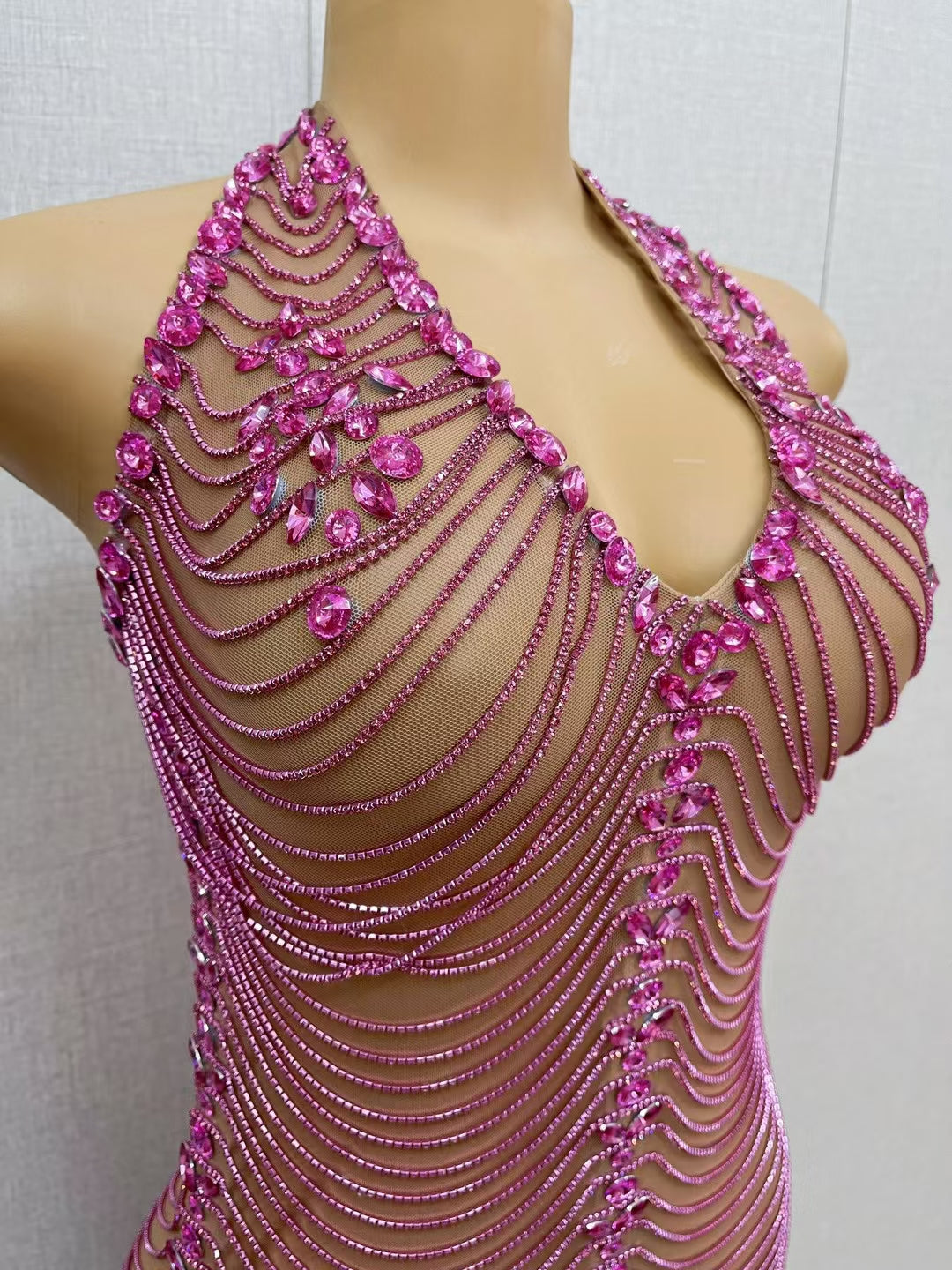 CELESINYI Meihong Crystal Fuchsia Halter Bodysuit