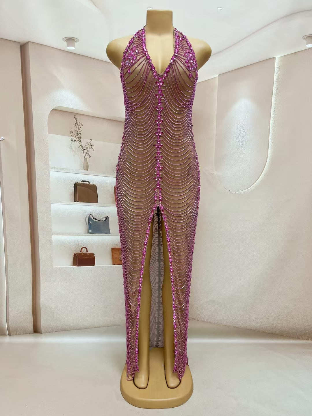 CELESINYI Meihong Crystal Fuchsia Halter Bodysuit